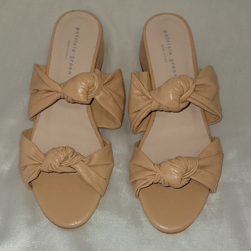 Patricia Green Tan Leather Double Bow Slides